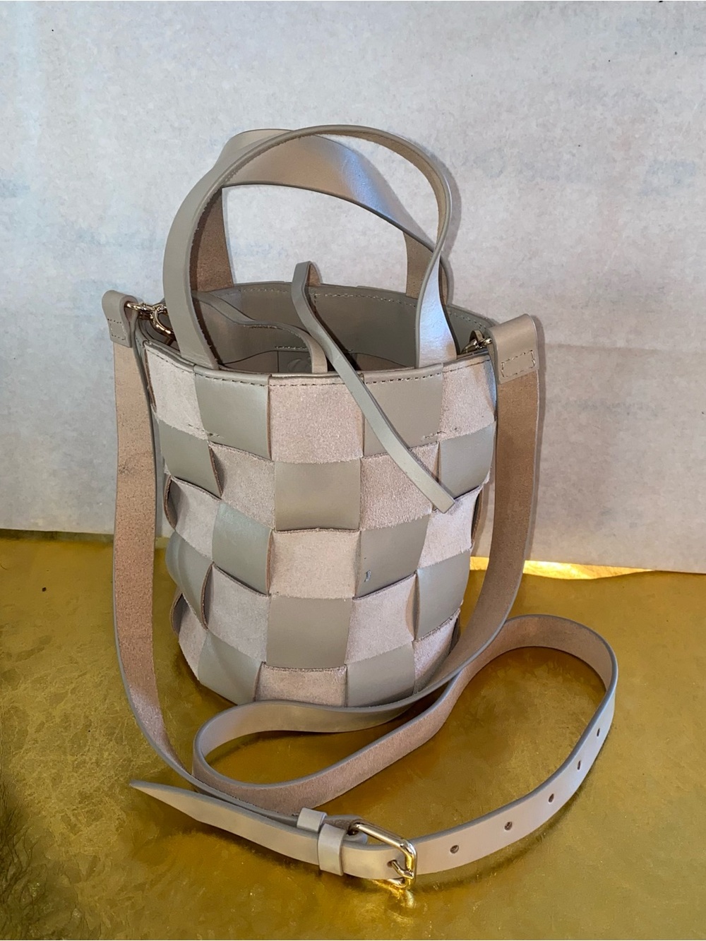 J Crew Woven Bucket Bag Leather & Suede Checkered Woven Design Beige